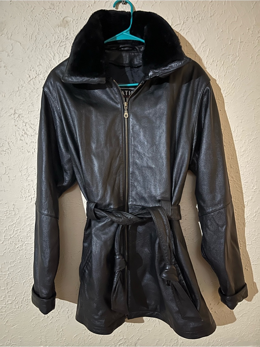 Classic Genuine Black Leather Belted Coat with Faux Fur Collar